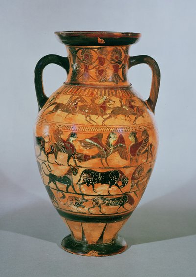 Attische zwart-figuur amphora versierd met dieren, paard en ruiters en fantastische dieren (keramiek) door Greek